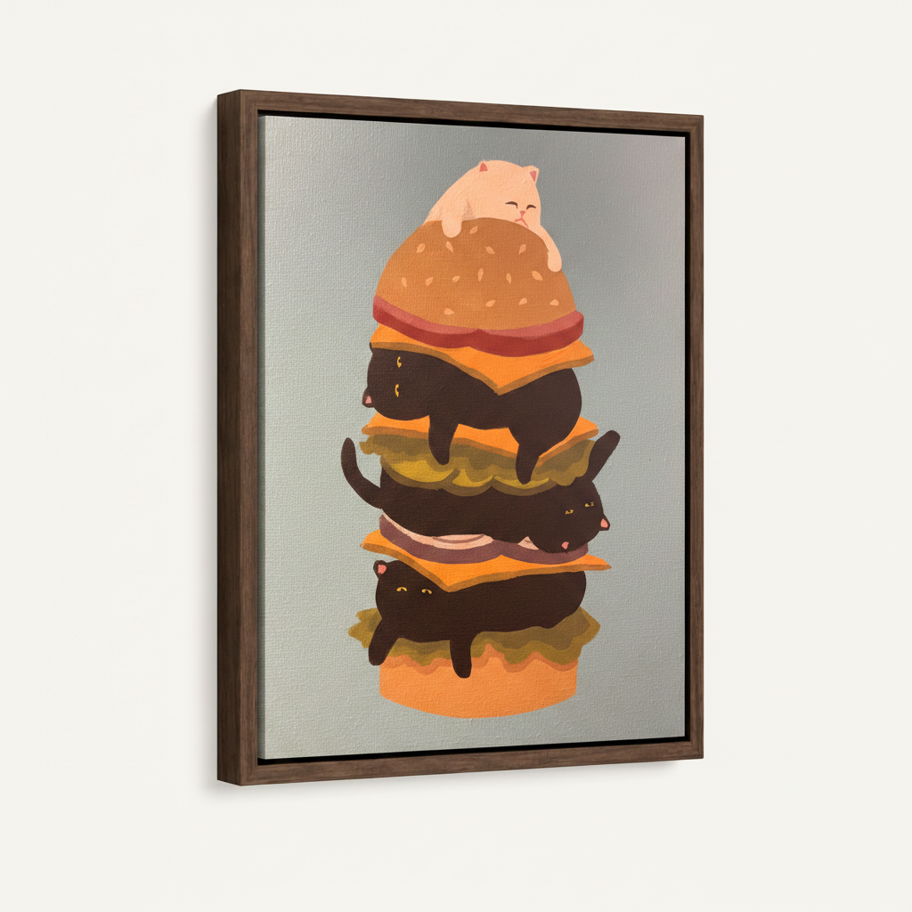 Framed cat burger canvas in dark walnut floater frame shown at 3/4 angle on white background