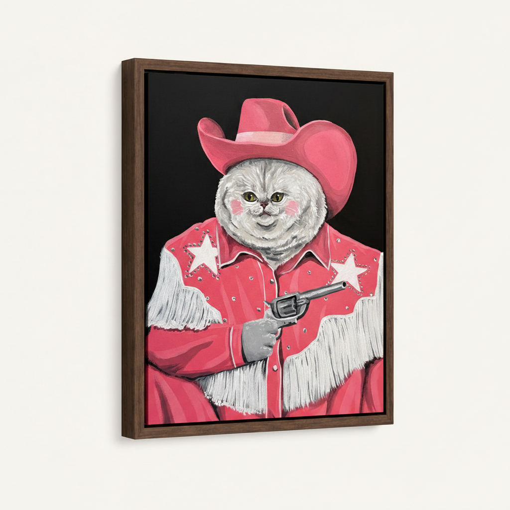 Cowboy cat pink western canvas in dark walnut float frame, 3/4 angle product view on white background