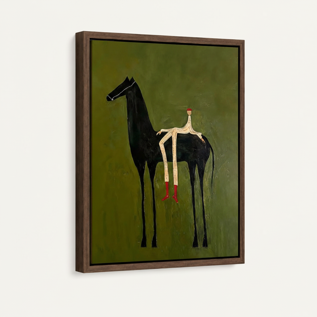 Folk art black horse canvas in dark walnut floating frame, angled product view on white background
