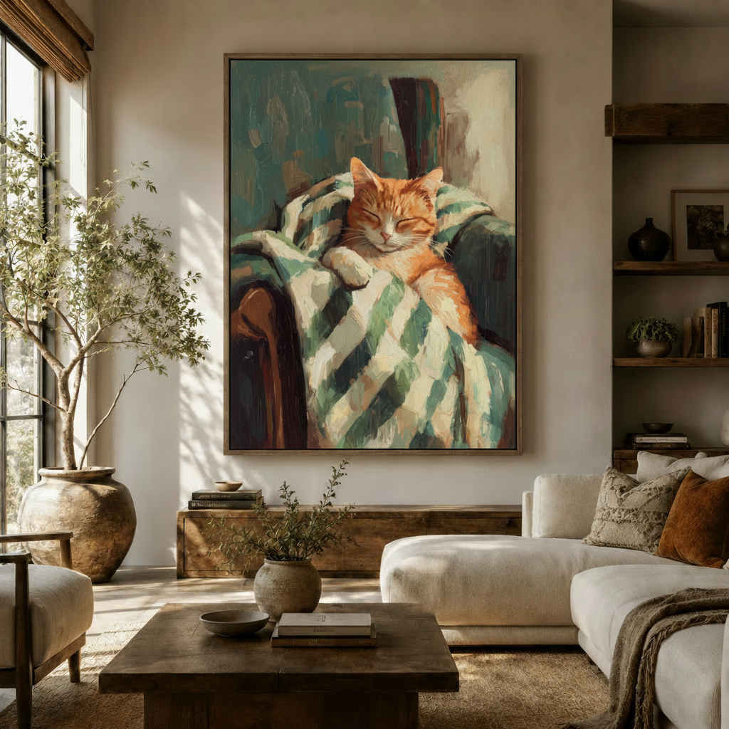 Large cat canvas wall art hanging in a bright neutral living room with warm wood accents
