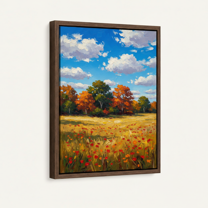 Autumn landscape oil painting in dark walnut floating frame, angled product view on white background