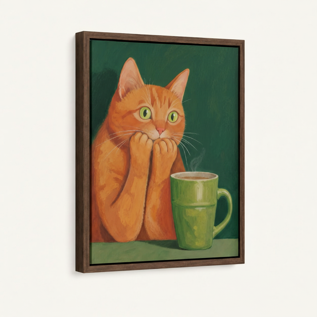 Dark walnut float frame canvas of a startled orange cat with green mug on white background, angled view