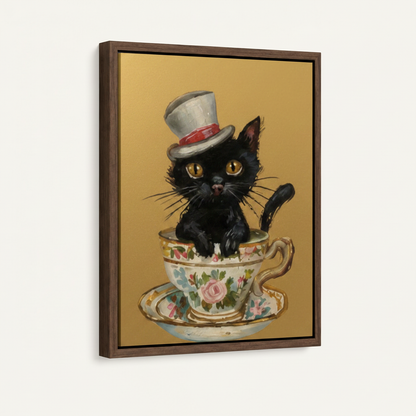 Framed canvas black cat in floral teacup with gold background shown in left-side perspective