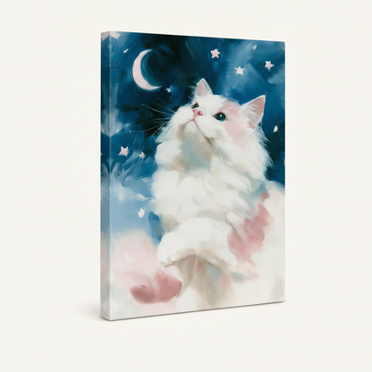 Stretched canvas print of fluffy white cat looking up at crescent moon and teal night sky