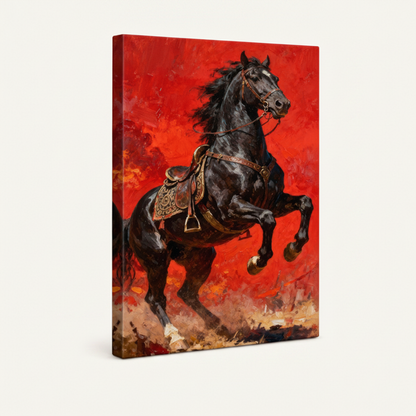 Bold black horse red sky stretched canvas print – unframed dramatic oil painting with black stallion rearing on fiery red background by Aurewall
