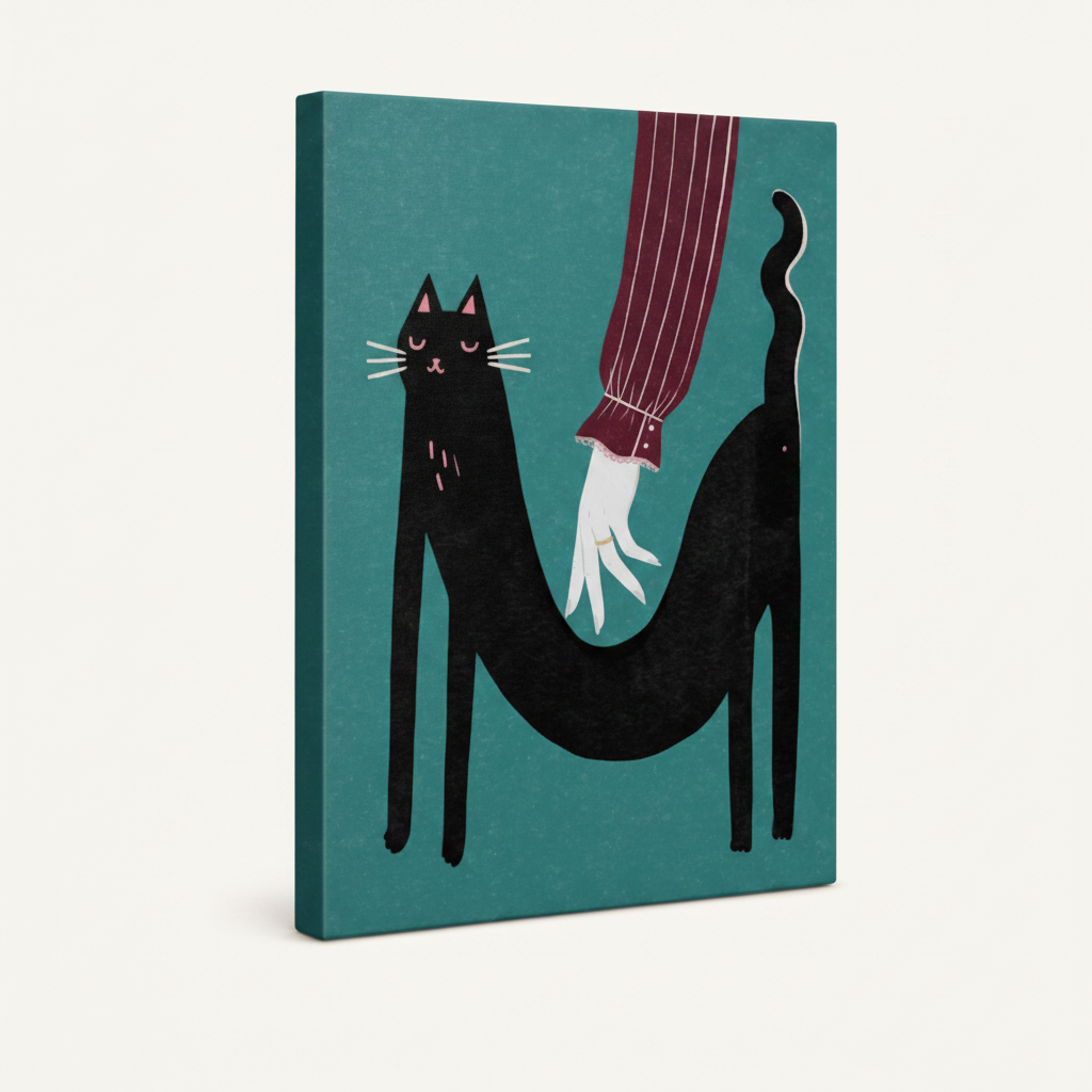 Black cat teal background canvas gallery wrap side view on white background