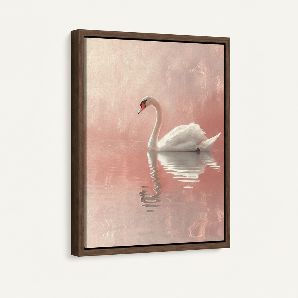 White swan canvas wall art in dark walnut float frame, angled product view on white background