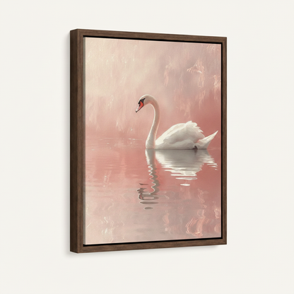 White swan canvas wall art in dark walnut float frame, angled product view on white background
