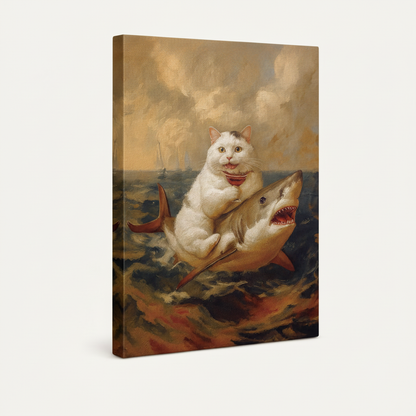 Stretched canvas print of a white cat riding a shark, gallery-wrapped edges visible from side angle