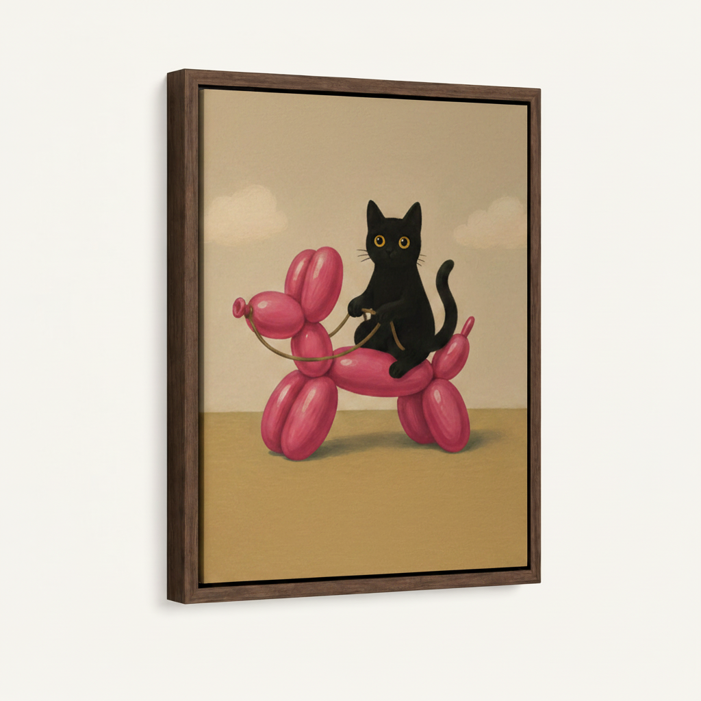 Black cat riding pink balloon dog framed canvas art, dark walnut float frame angled product shot on white background