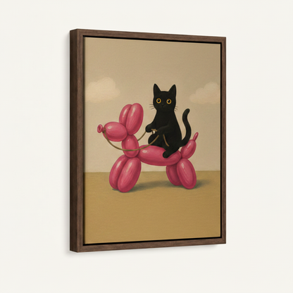 Black cat riding pink balloon dog framed canvas art, dark walnut float frame angled product shot on white background