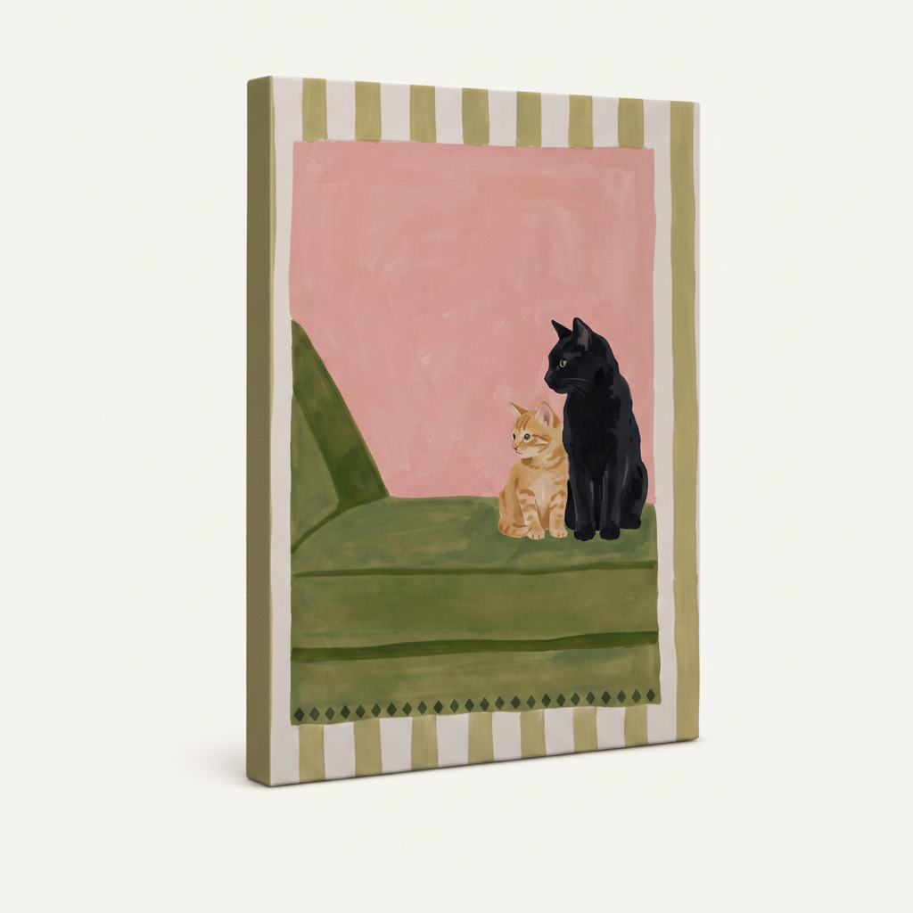 Stretched canvas of two cats on green velvet sofa, bohemian flat illustration, side angle view