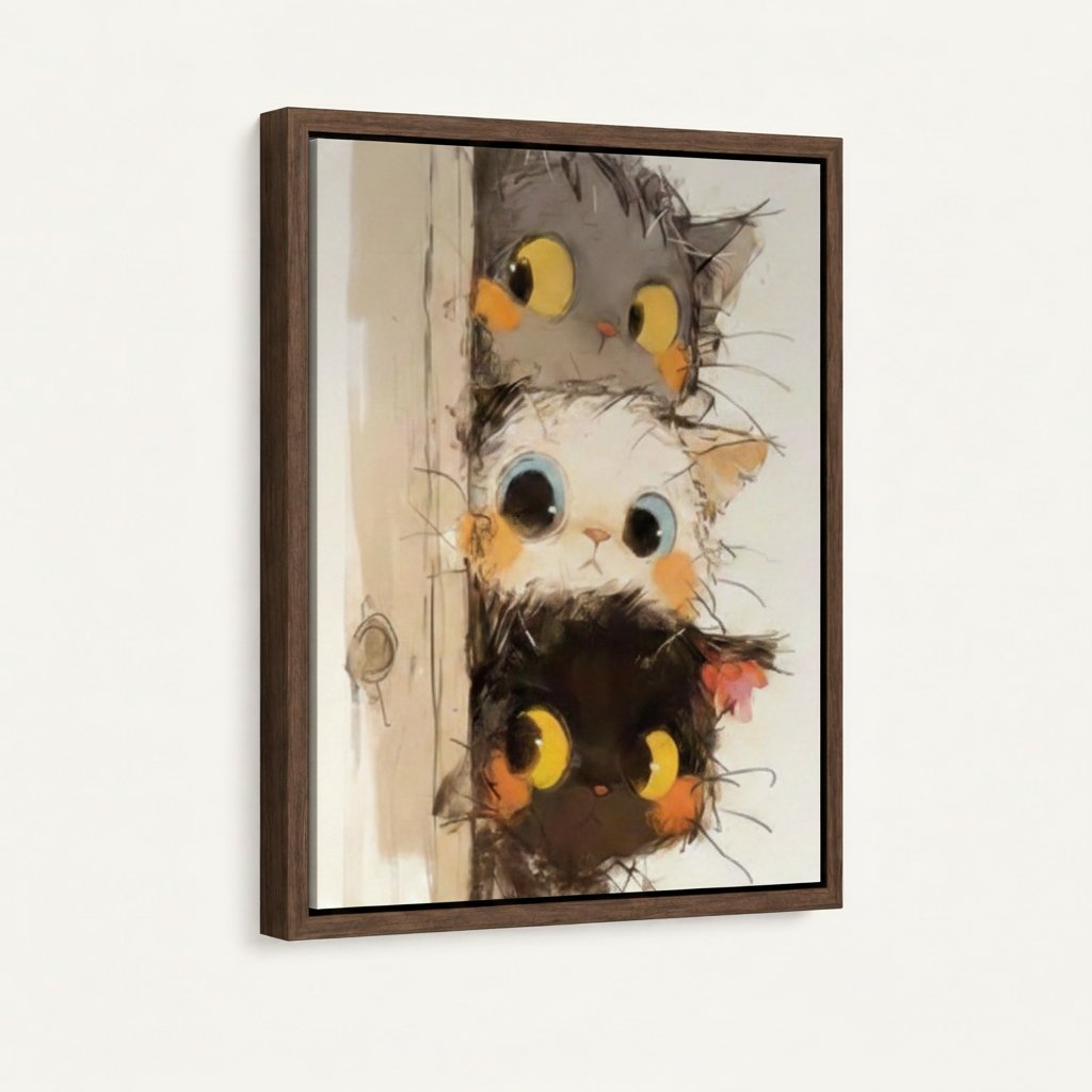 Dark walnut floater frame canvas with three stacked peeking cats illustration, 3/4 angle on white background