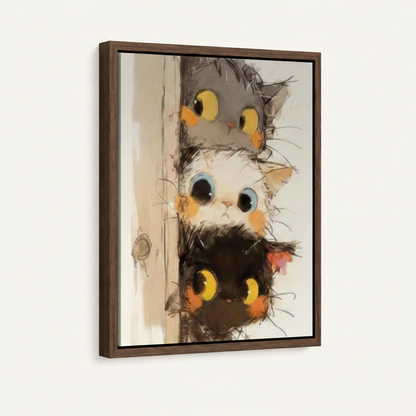 Dark walnut floater frame canvas with three stacked peeking cats illustration, 3/4 angle on white background