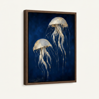 Gold jellyfish deep sea canvas in dark walnut float frame at 3/4 angle on white background
