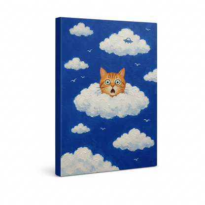 Stretched gallery wrap canvas of orange tabby cat peeking from cloud, side view on white background
