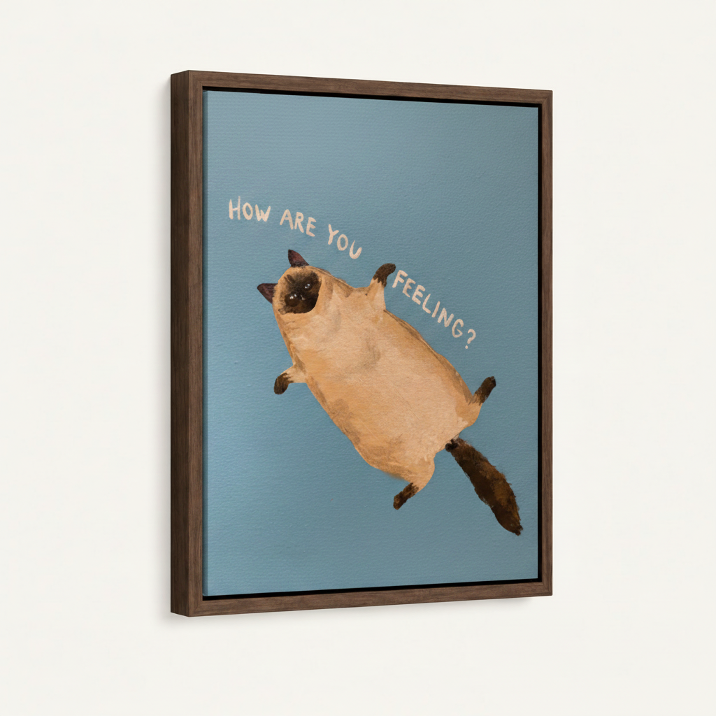 Float-frame Siamese cat canvas wall art angled product view on white background