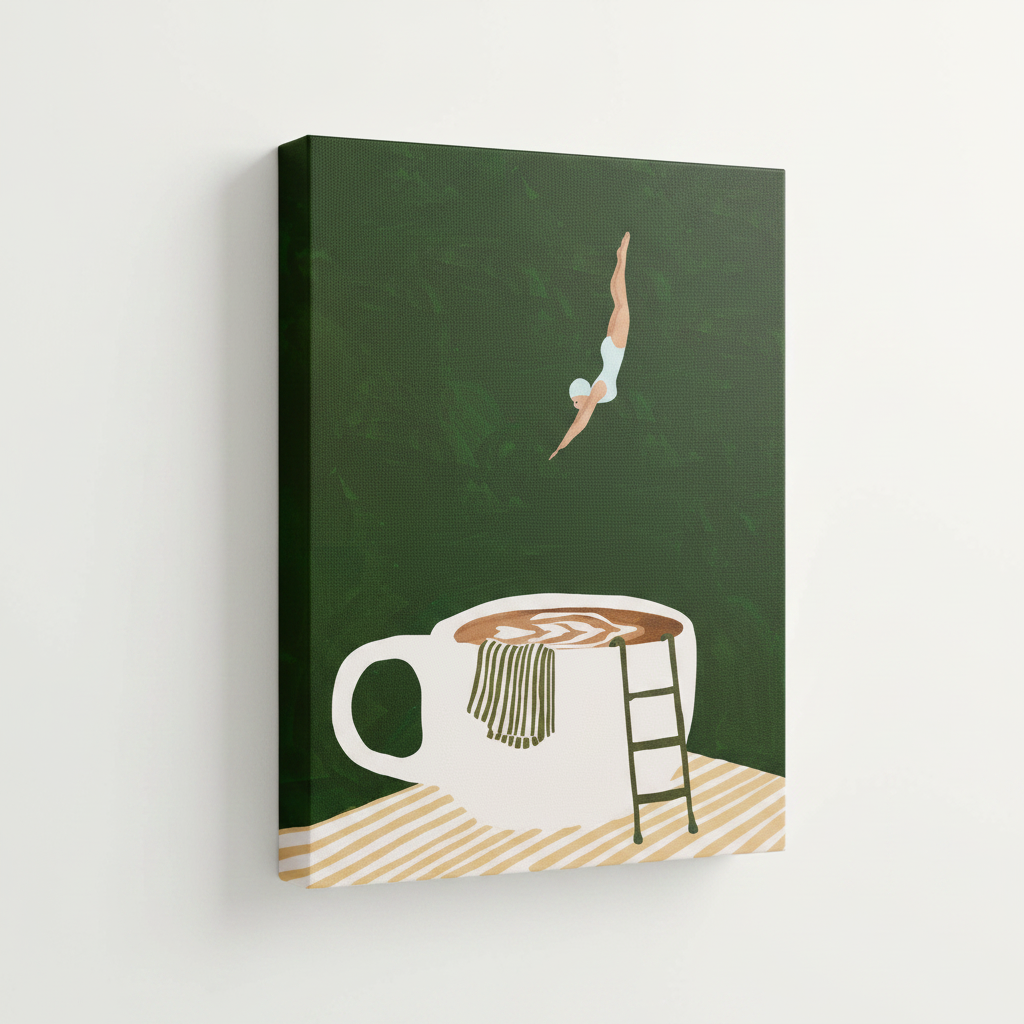Funny coffee dive stretched canvas print – unframed minimalist illustration with tiny figure leaping into white coffee cup with splash by Aurewall