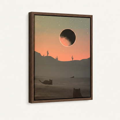Desert eclipse moody canvas in dark walnut float frame, white background portrait product mockup