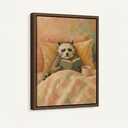 Raccoon reading whimsical canvas print in dark walnut float frame, angled product view on white background
