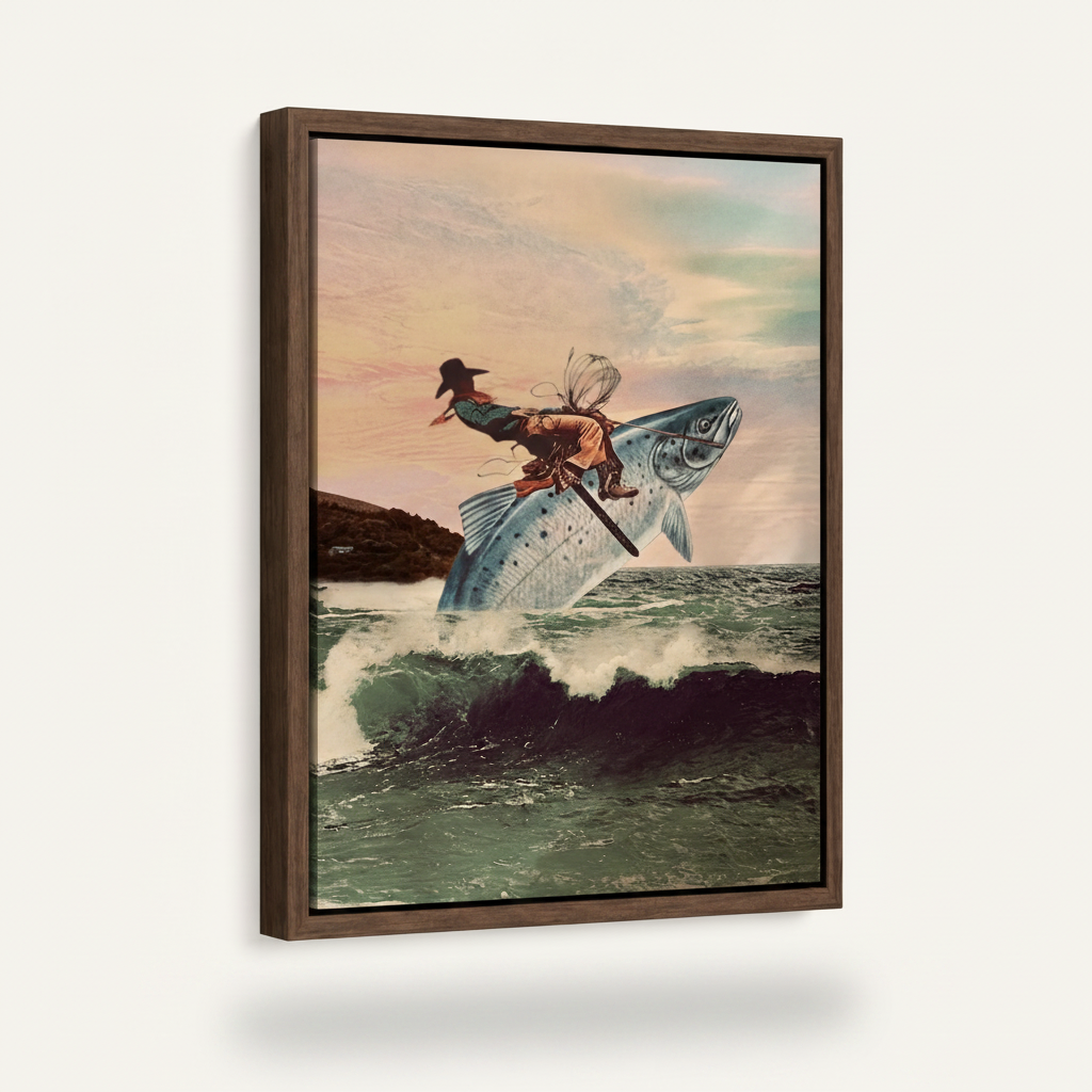 Surrealist fish rider canvas in dark walnut float frame shown at an angle on white background