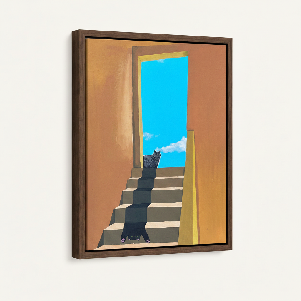 Two cats on stairs surrealist canvas in dark walnut float frame, 3/4 angle product view