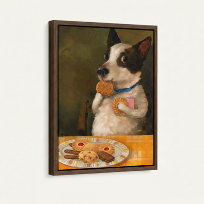 Framed funny dog oil painting canvas print shown at an angle against a white background