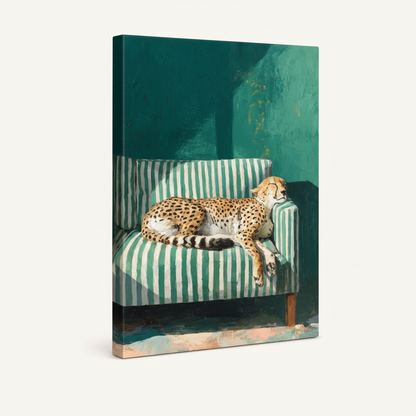 Stretched canvas of cheetah lounging on green striped sofa, teal wall, oil painting detail view