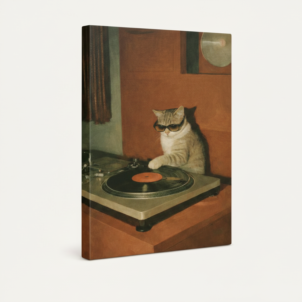Stretched canvas side view of DJ cat spinning vinyl record – funny retro cat wall art by Aurewall
