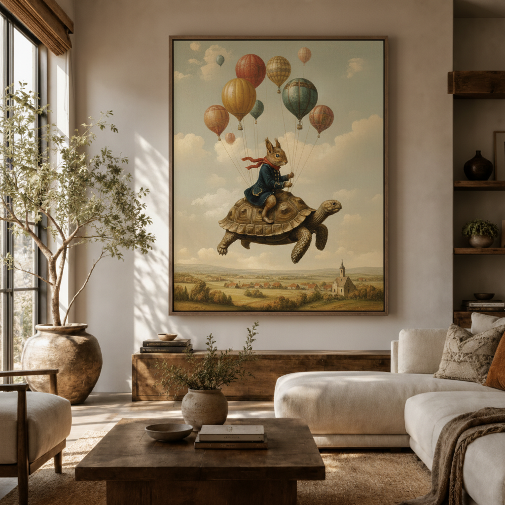 Rabbit turtle balloon canvas wall art in living room – whimsical oil painting with rabbit riding tortoise and balloons displayed above sofa by Aurewall