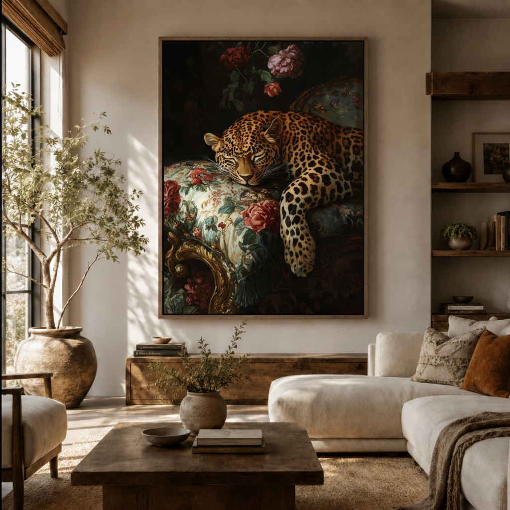 Dark baroque leopard floral canvas wall art in living room – luxury wildlife oil painting with roses displayed above sofa by Aurewall