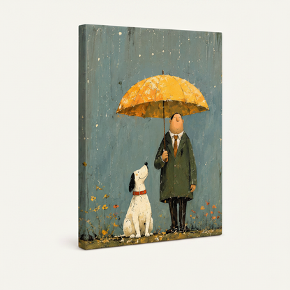Stretched canvas of chubby man and white dog in rain with yellow umbrella, side angle view