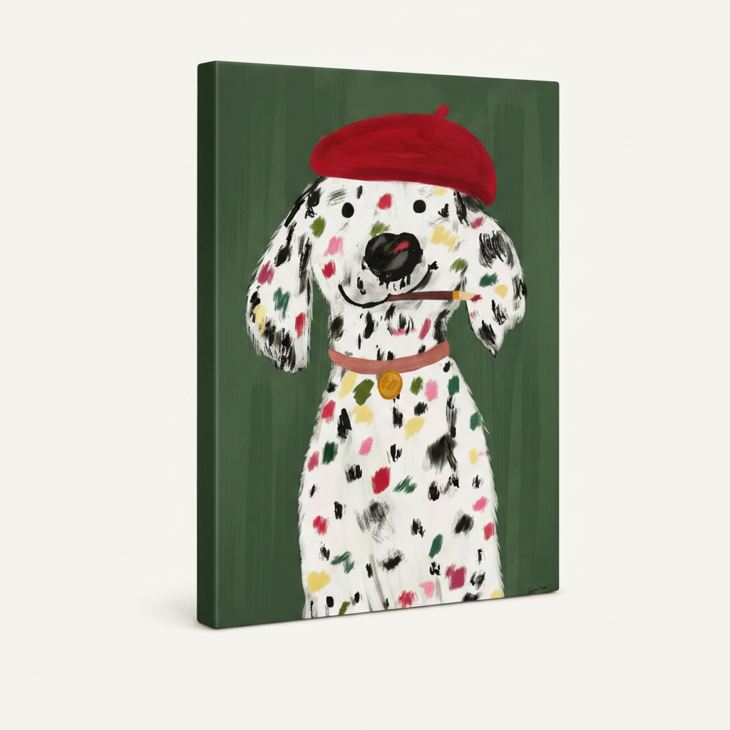 Gallery wrapped canvas of Dalmatian with paint spots, dark green painted sides, angled product view on off-white background