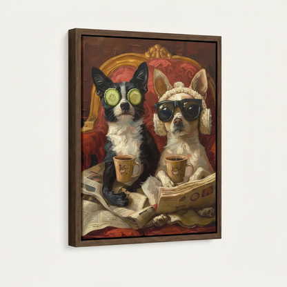 Framed funny spa dogs baroque canvas print shown at an angle against a white background, dark walnut frame