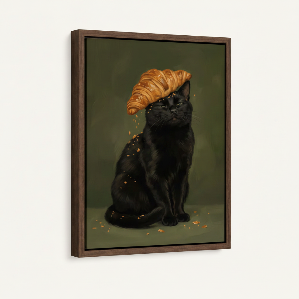 Framed funny black cat canvas wall art on white background, dark walnut floating frame