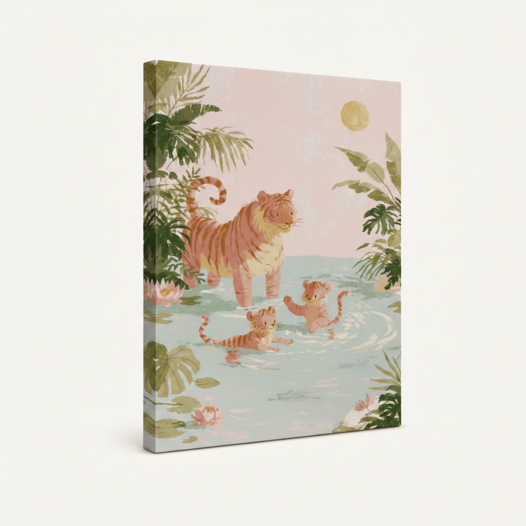 Stretched canvas print of mother tiger with cubs in tropical jungle, pastel watercolor style