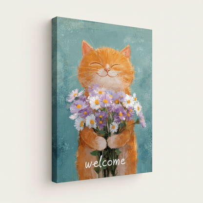 Unframed impasto oil style cat canvas print with purple and white daisies on teal background