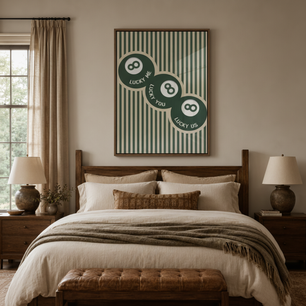 Lucky 8 ball canvas wall art in bedroom – bold green pop art billiard print above bed, fun eclectic room decor by Aurewall