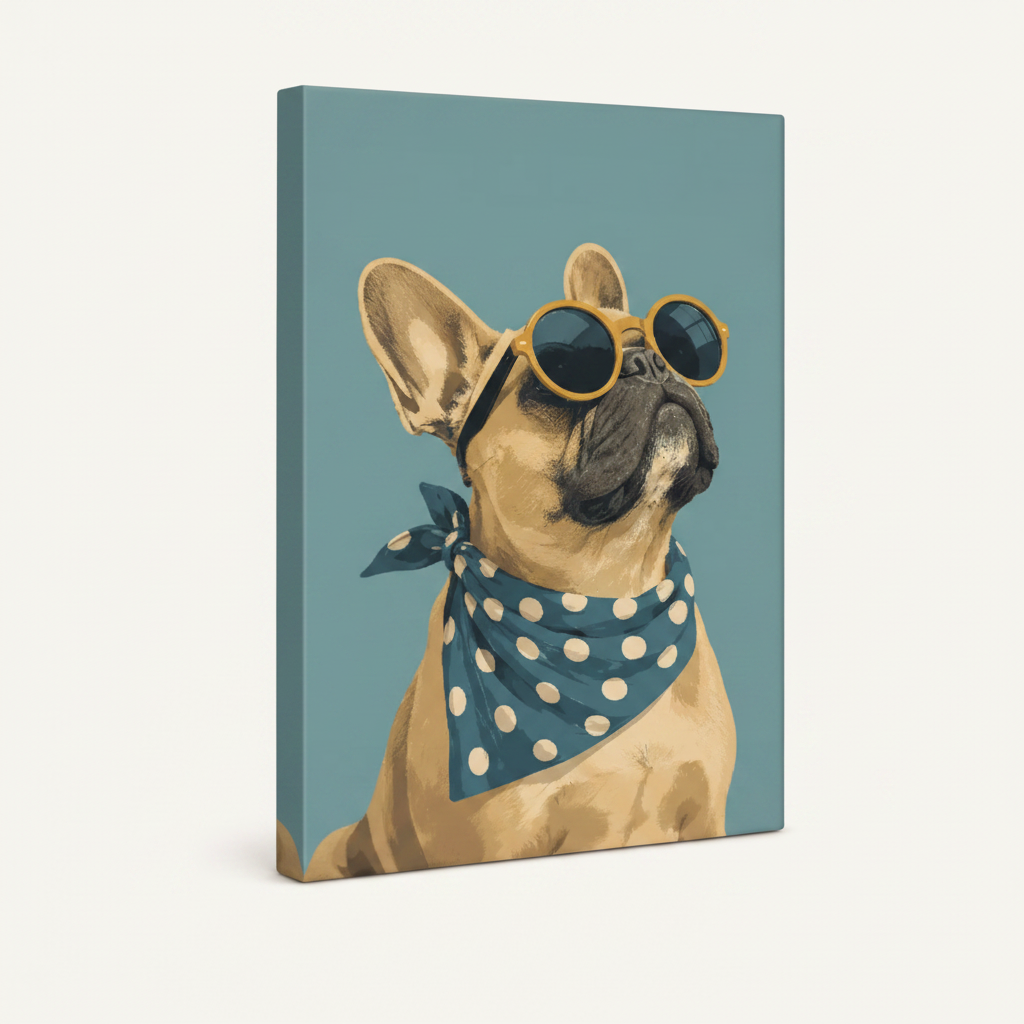 Gallery wrap canvas of French Bulldog sunglasses pop art illustration shown at angle on white background