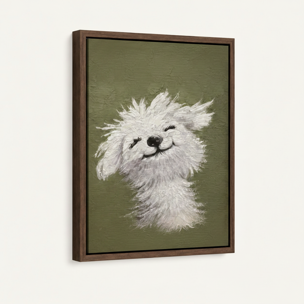 Fluffy white dog blissful smile impasto canvas in dark walnut float frame, white background mockup