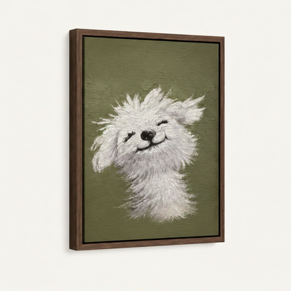 Fluffy white dog blissful smile impasto canvas in dark walnut float frame, white background mockup