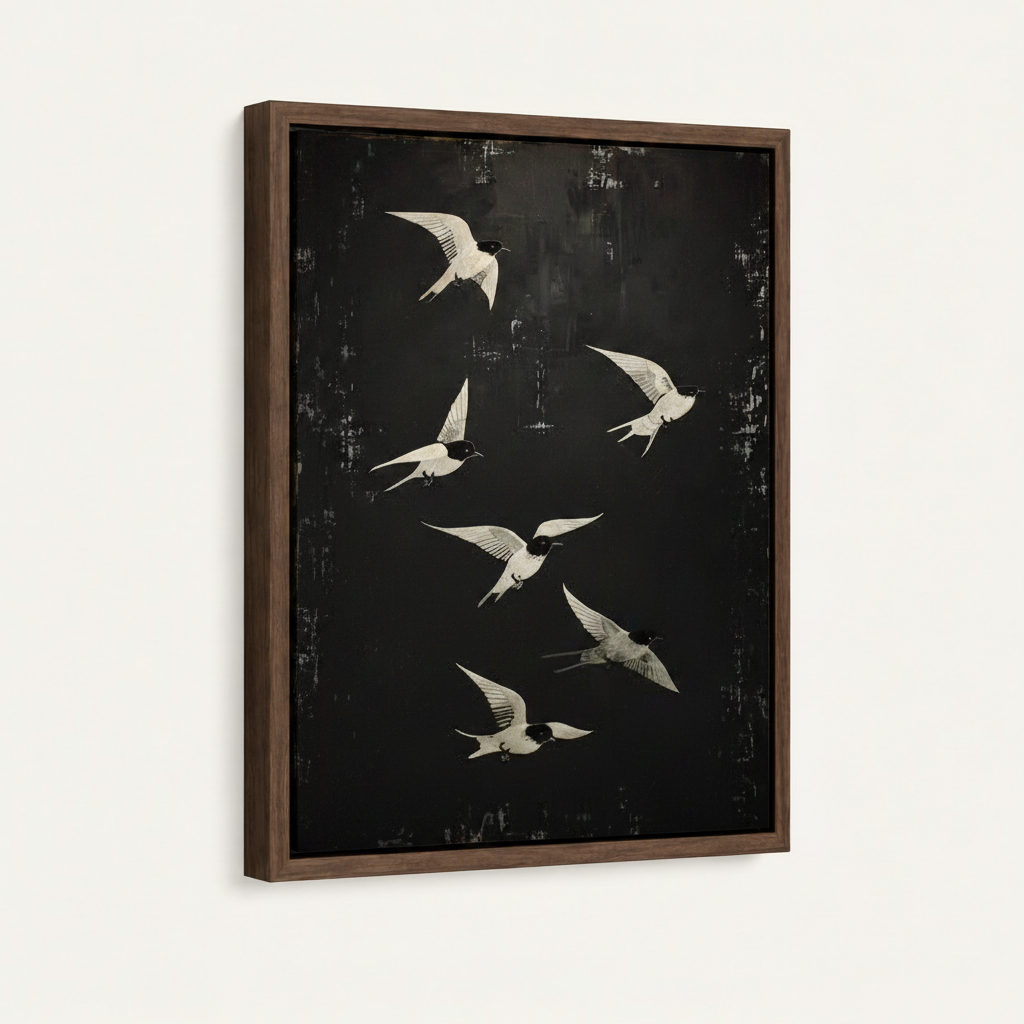 Dark walnut floater frame canvas art – 45-degree side view showing frame depth and texture