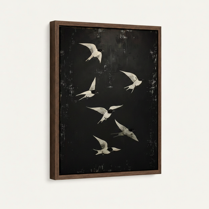 Dark walnut floater frame canvas art – 45-degree side view showing frame depth and texture
