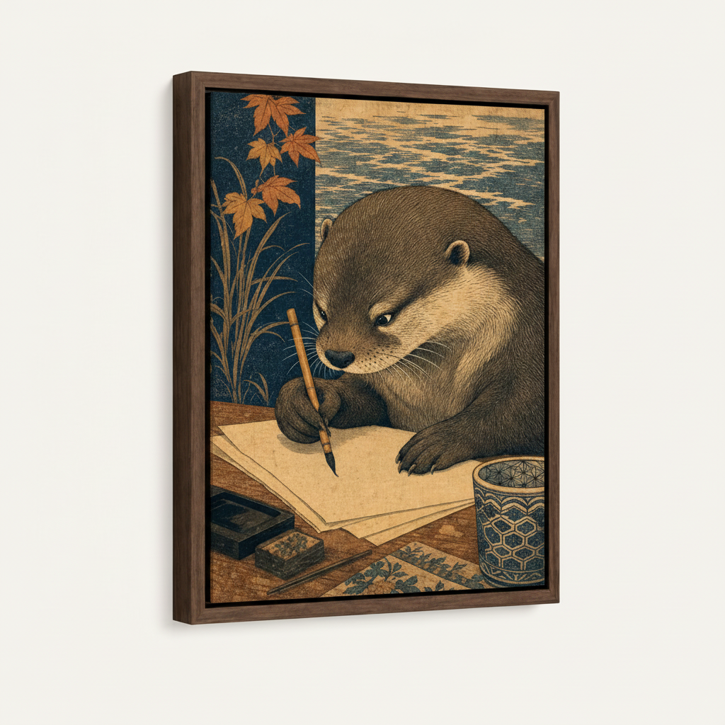 Otter calligraphy art in dark walnut float frame, 3/4 angle product shot on clean off-white background