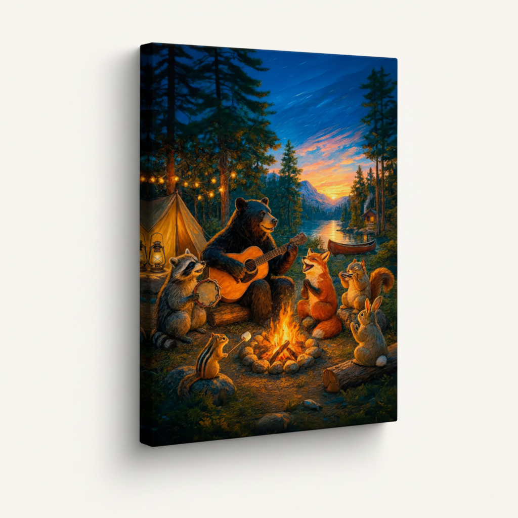 Whimsical forest animals campfire stretched canvas print – unframed cozy illustration with woodland creatures playing guitar around warm campfire by Aurewall