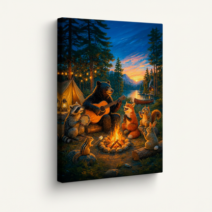 Whimsical forest animals campfire stretched canvas print – unframed cozy illustration with woodland creatures playing guitar around warm campfire by Aurewall