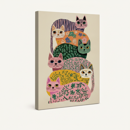 Framed folk art cat canvas print in walnut float frame, three-quarter product view on white background