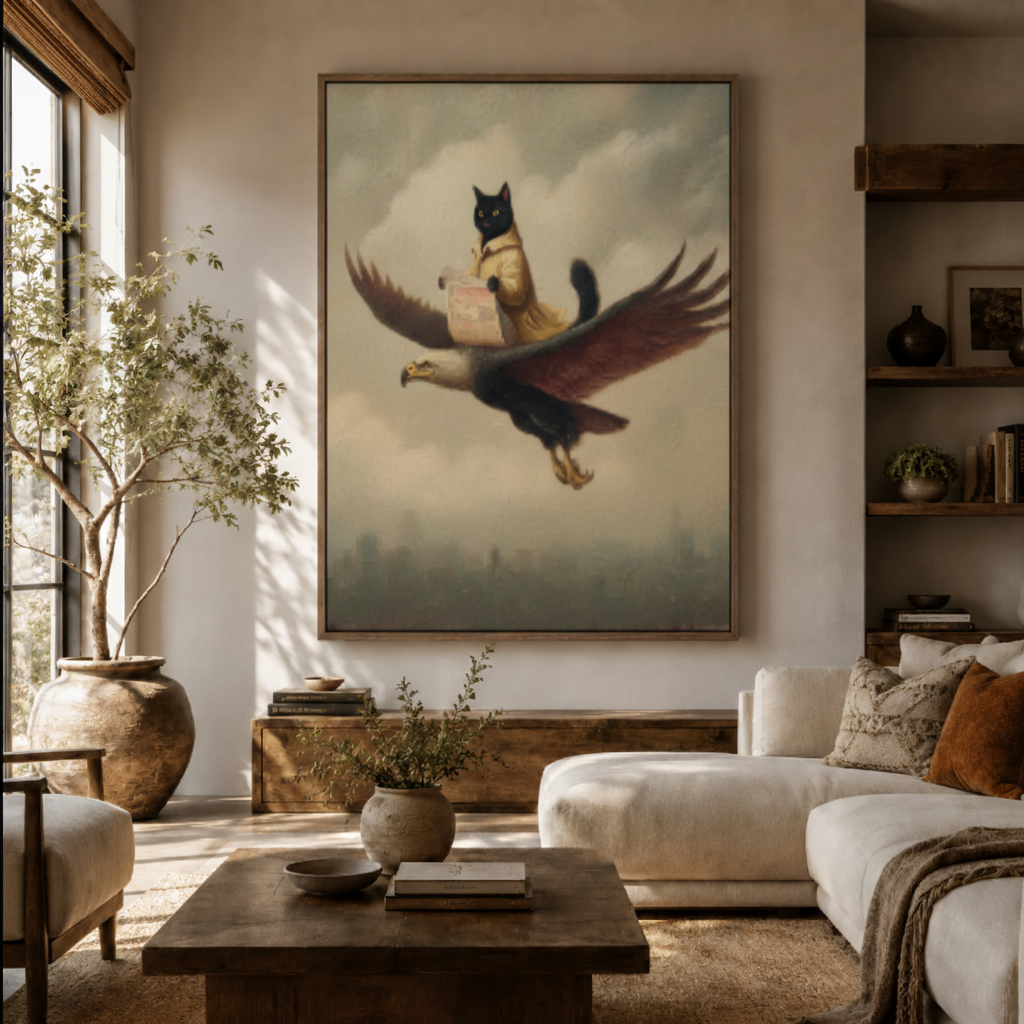 Squirrel riding eagle canvas wall art in living room – surreal classical oil painting with squirrel on soaring eagle displayed above sofa by Aurewall