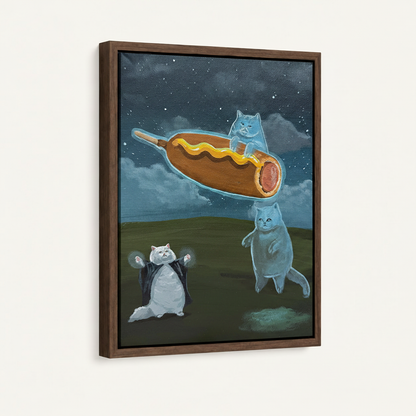 Ghost cat corn dog whimsical art in dark walnut float frame, angled product view on white background