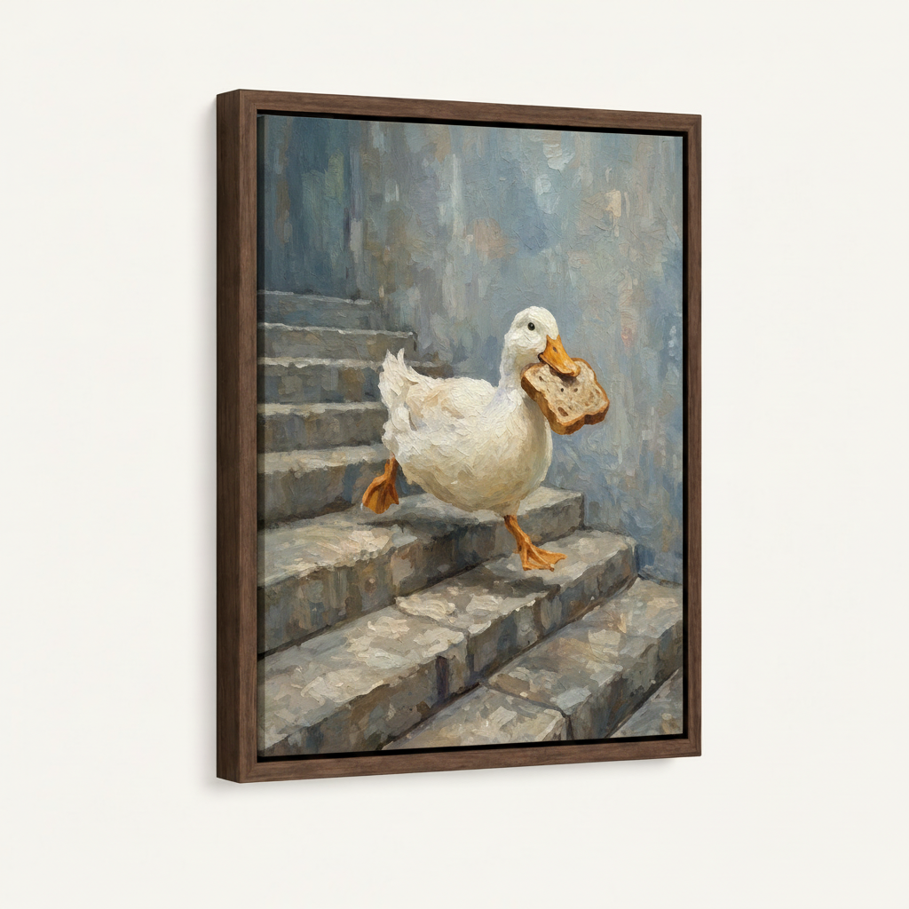 Framed canvas wall art of white duck carrying bread on stone steps, dark walnut float frame, 3/4 view